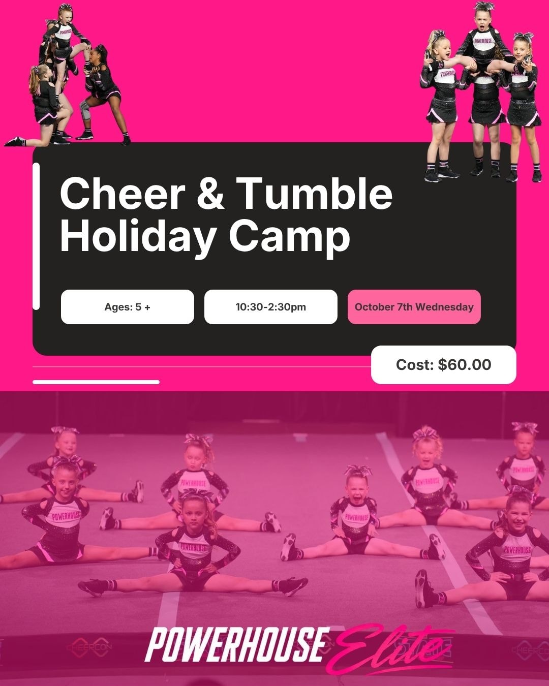 Powerhouse Elite Cheer & Tumble Holiday Camp — Ages 5+, 10:30am–2:30pm, Wednesday 7 October 2026, $60